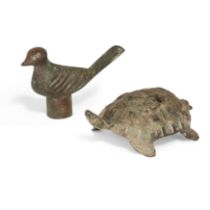 A Chinese bronze 'bird' pole finial and a bronze base in the shape of a tortoise Ming dynasty T...