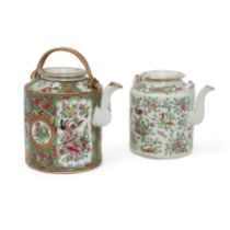 Two Chinese Canton famille rose tea pots and covers with wicker boxes and hinged covers Qing dyn...