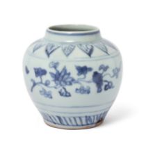 A Chinese blue and white 'lotus' jar Ming dynasty, 15th/16th century Painted with bold floral s...