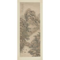A Chinese landscape painting Circa 20th century Painted with ink and colour on paper, mounted a...