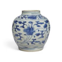 A Chinese blue and white 'floral' jar Ming dynasty, 16th/17th century Painted around the body w...