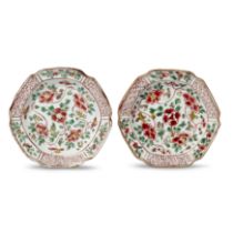 A pair of Chinese wucai octagonal 'flowers' dishes Late Ming dynasty, 17th century Enamelled to...