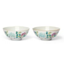 A pair of Chinese famille rose 'peony' bowls Republic period, apocryphal Tongzhi seal marks Eac...