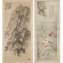 Two Chinese paintings of fishes and landscape Circa 1987 and 1938 Painted with ink and colour o...