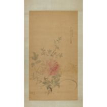 A Chinese painting of peonies 20th century Painted with ink and colour on silk, mounted as hang...