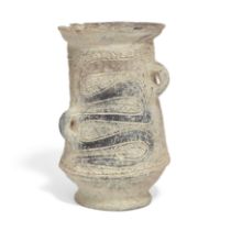 A Chinese Neolithic-style incised brown pottery and black-painted beaker 20th century With thre...