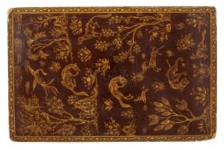 A Qajar lacquered paper mache binding cover, Iran, early 19th century, of rectangular form, one s...