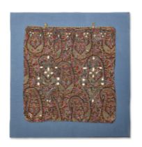 To Be Sold With No Reserve A square metal thread embroidered textile fragment, Qajar Iran, 19th...