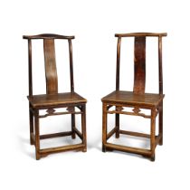 A pair of Chinese hardwood chairs Republic period Of plain construction, the open stretcher wit...