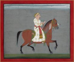 An equestrian portrait of a ruler, Mewar, North India, 19th century, opaque pigments on paper h...