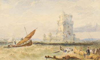 British School,  19th Century-  Shipping scene with fortress beyond;  watercolour on paper, 18....