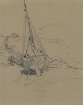 Attributed to Myles Birket Foster,  British 1825-1899;  Beached fishing boat with figures;  pen...