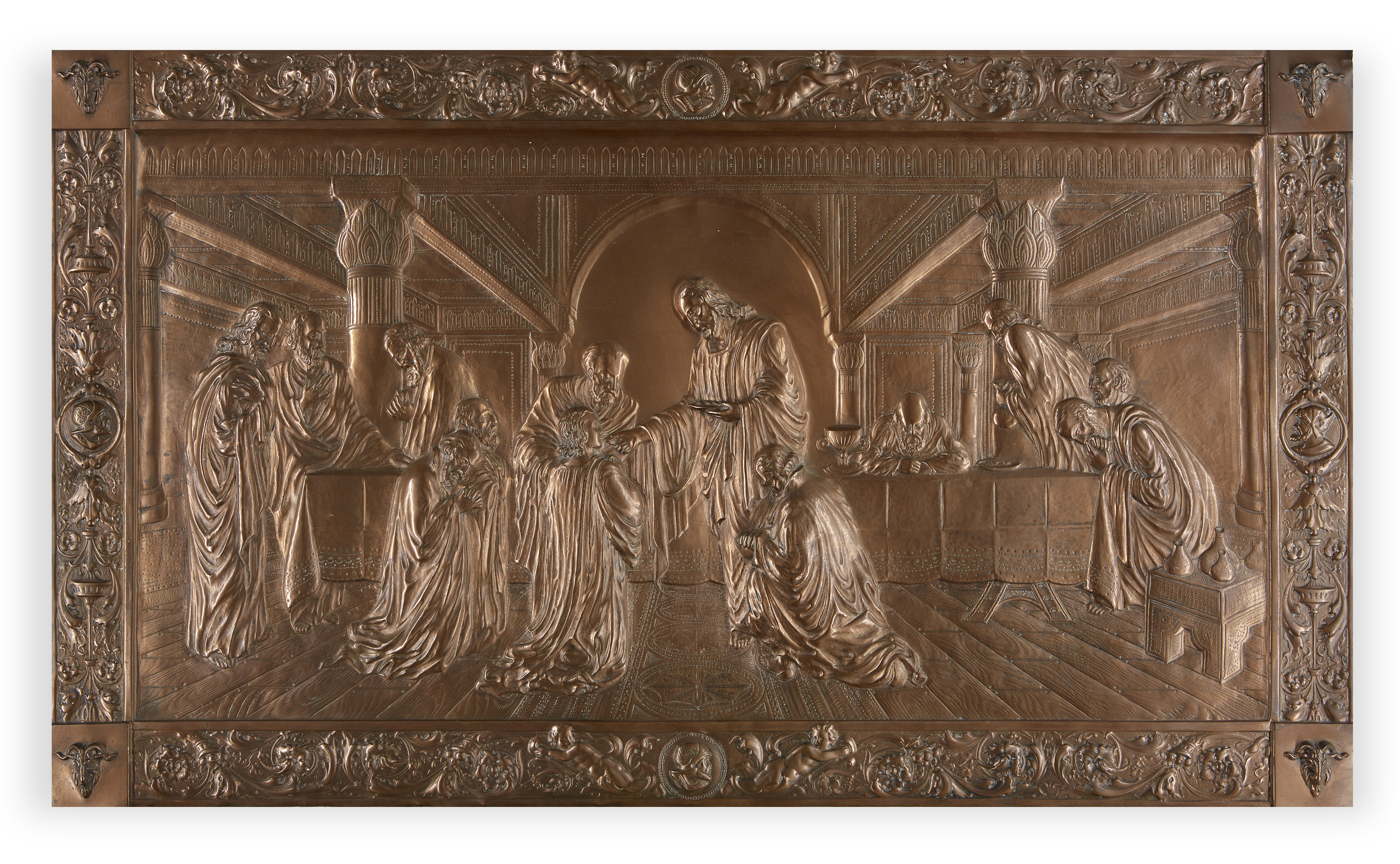A large Italian copper relief of the Last Supper, second half 19th century, depicting the Communi...