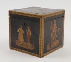 A Dutch inlaid and ebonised tea caddy, mid-19th century, of cube form, the lid and sides decorate...