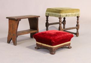 An English oak stool, 18th century, with ring turned stretchers, 48cm high, 46cm wide, 36cm deep,...