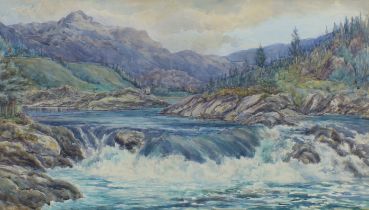 British school,  20th Century-  Waterfall with valley beyond;  watercolour on paper, 33.5 x 59 ...