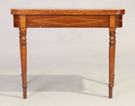 A Regency inlaid mahogany card table, first quarter 19th century, the hinged fold over top reveal...
