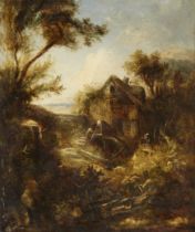 British School,  mid 19th century-  A wooded river landscape with figures at a water mill;  oil...