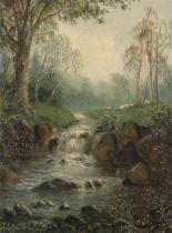 Adolphus Knell,  British fl.c.1860-c.1890-  A wooded landscape with a cascading stream;  oil on...