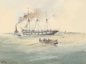 Peter Toms,  British b.1940-  Casting off the Tow;  watercolour on paper, signed 'Peter Toms' (...