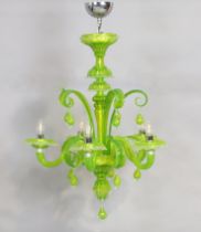 A modern Murano glass chandelier, 20th century, lime green glass, the five scrolling branch arms ...