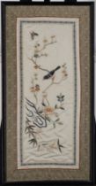 Three Chinese silk embroidered panels, 20th century, comprising: a pair depicting insects and bir...