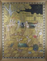 A large Indian painting of Krishna and the gopis, 20th century, opaque pigments on linen, the sce...