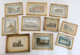 A collection of small-format framed pictures, 19th century, in various mediums including needlepo...