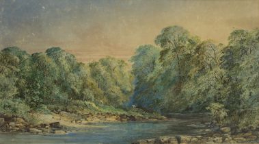 Edmund Gustavus Müller,  British 1816-1888-  A wooded river landscape at sunset with a fisherman...