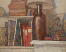 Albert Palmer,  British 1911-1985 -  Book shelves with lamp;  oil on board, inscribed on the re...