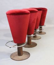 A set of four bar stools, 20th century, with velour upholstery, on steel bases, 80cm high (4)