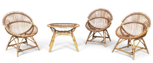 Manner of Franco Albini, three chairs together with a matching coffee table, c.1950, bamboo, ratt...