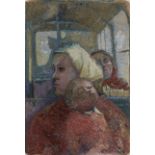 Dorothy Carr,  British 1923-2018 -  Mother and child on a bus, c.1950s;  oil on card, 79 x 54 c...