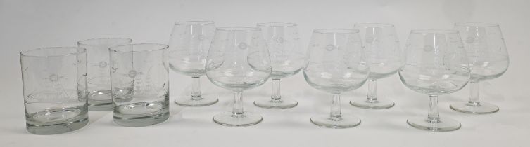 A set of seven French engraved brandy glasses, 20th century, each with stylised decoration of a t...