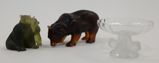 A Lalique brown glass model of a polar bear and a Lalique 'Nogent' pedestal dish, 20th century, t...