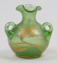An Art Nouveau style green glass vase, 20th century, modelled with three handles and painted in g...