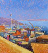 Don Hughes,  British  b. 1933 -  Harbour scene;  oil on canvas, signed lower right 'Hughes', 51...