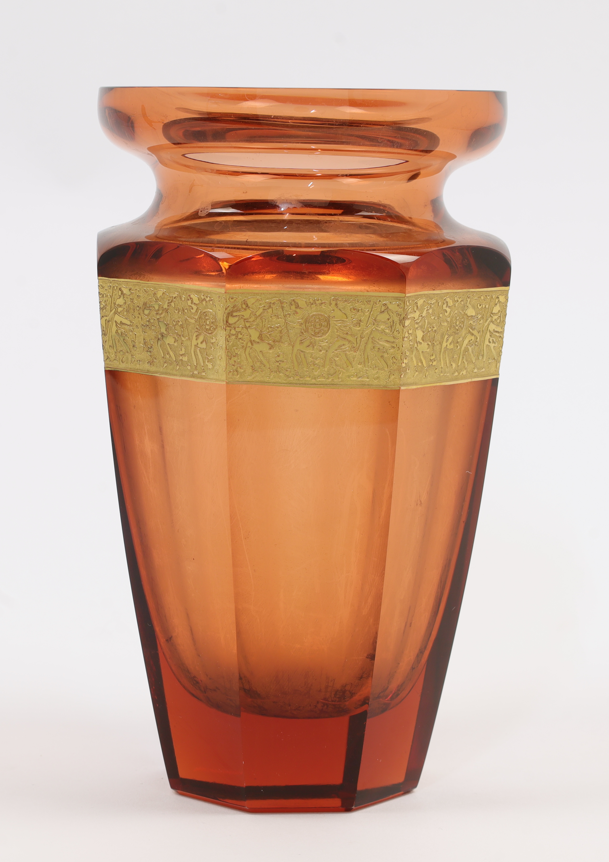 A Moser red glass octagonal vase, 20th century, with acid-etched band of Hellenistic style figure...