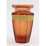 A Moser red glass octagonal vase, 20th century, with acid-etched band of Hellenistic style figure...