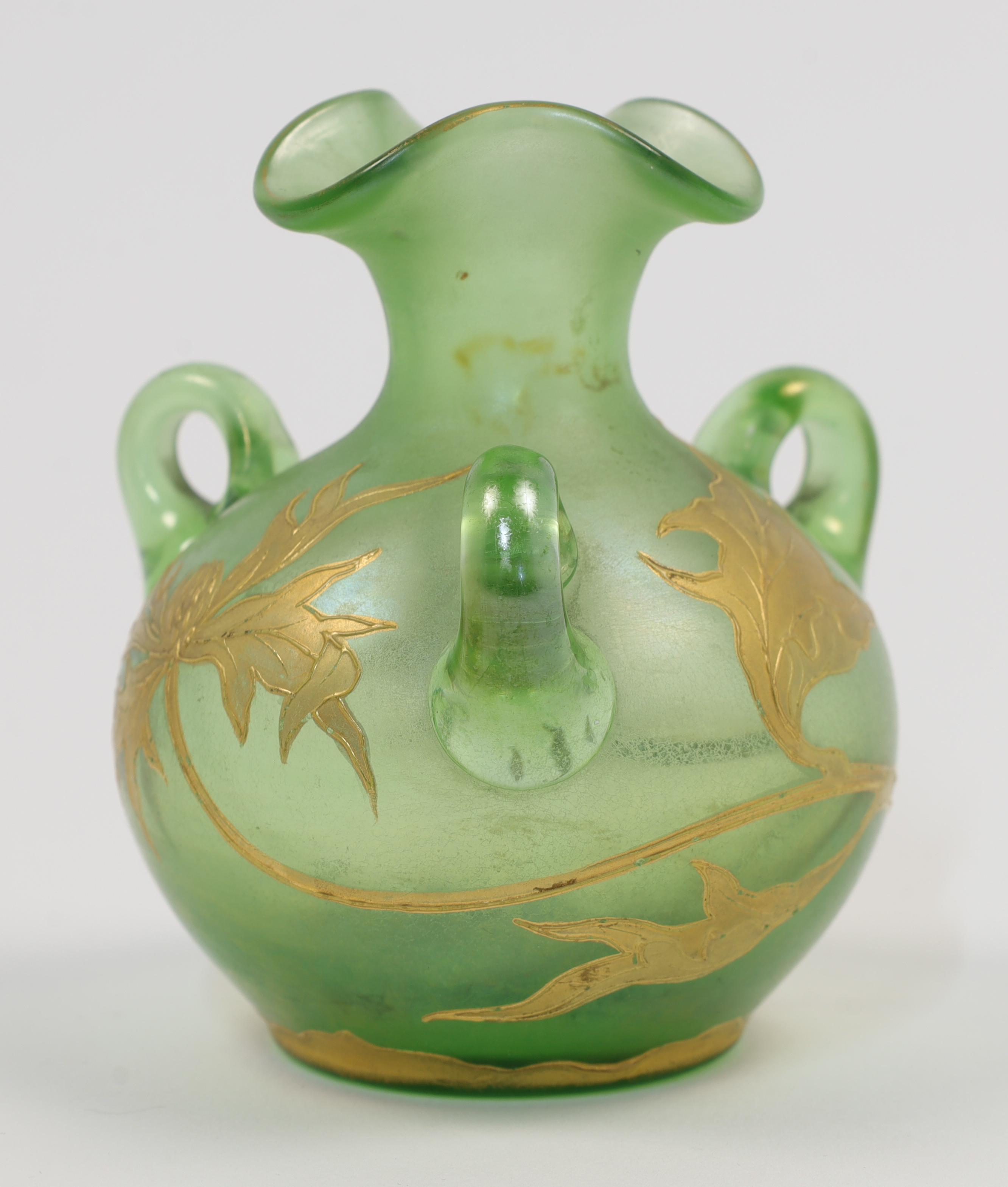 An Art Nouveau style green glass vase, 20th century, modelled with three handles and painted in g... - Image 2 of 2