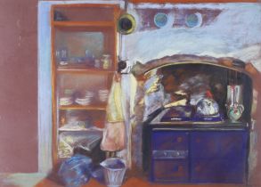 Rowena Riley,  British 20th/21st century -  Kitchen scene with Aga, 1990;  pastel on paper, sig...