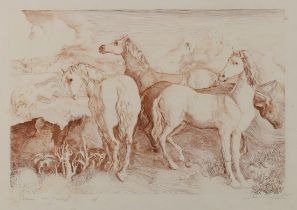 Mohammed Ben Meftah, French b.1945- Scene de chevaux en pleine nature; etching in sepia, signed...