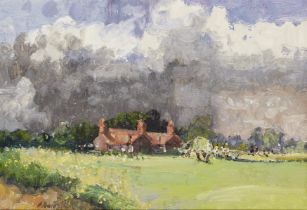 Geoffrey Chatten RBA,  British b.1938 -  Cricket match beneath thunderous sky;  oil on board, s...