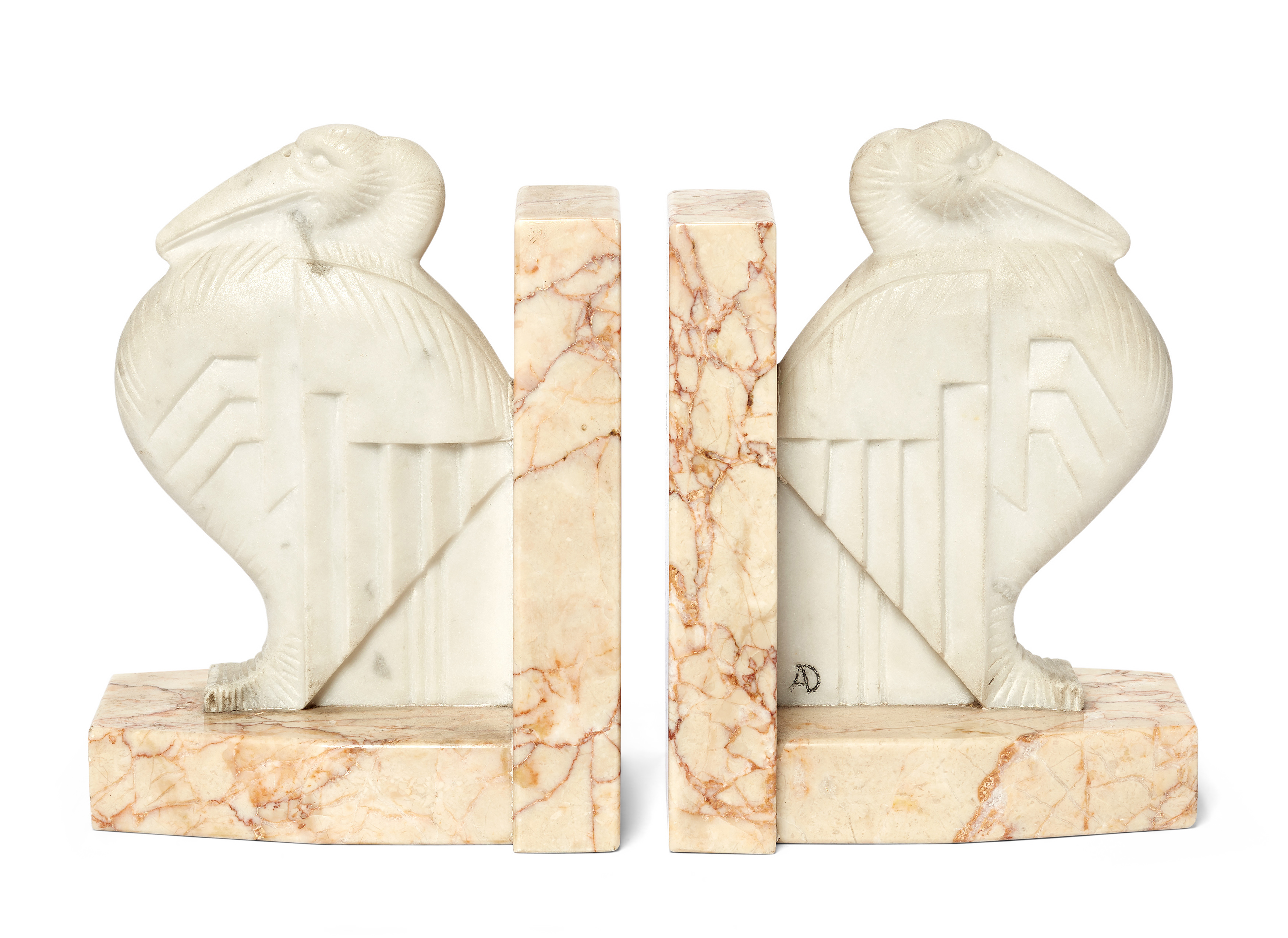 French Art Deco  Pair of pelican book ends, circa 1930  Carrara marble, variegated marble  One ...