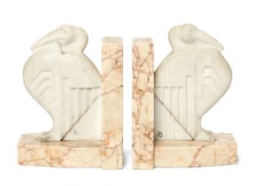 French Art Deco  Pair of pelican book ends, circa 1930  Carrara marble, variegated marble  One ...