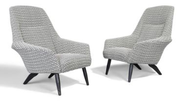 Italian  Pair of lounge chairs, circa 1950  Kvadarat fabric upholstery, black painted wood  99cm...