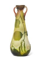 Legras  Twin handled vase decorated with leaves and berries, circa 1910  Cameo glass  Signed in ...