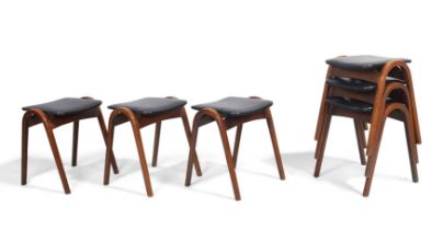 Isamu Kenmochi (1912-1971) for Akita Mokko  Six stacking stools, circa 1960  Stained beech, viny...