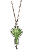 J Aitken and Son  Art Nouveau pendant of fan form with guilloche enamel decoration, circa 1910  ...