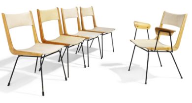 Attributed to Carlo Ratti  Five dining chairs comprising one armchair and four side chairs, circ...